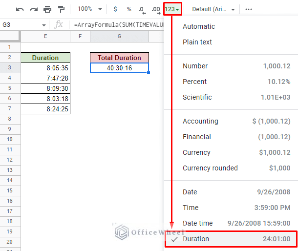 changing the cell format to duration from the toolbar
